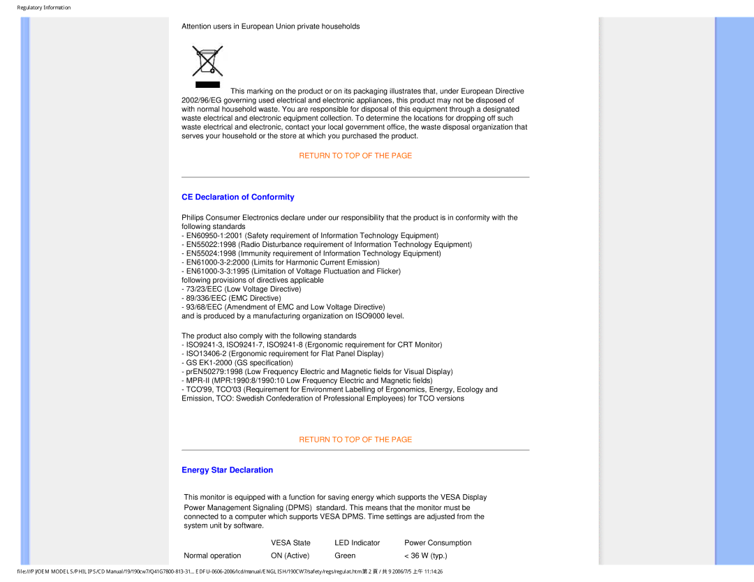 Philips 190CW7 user manual CE Declaration of Conformity 