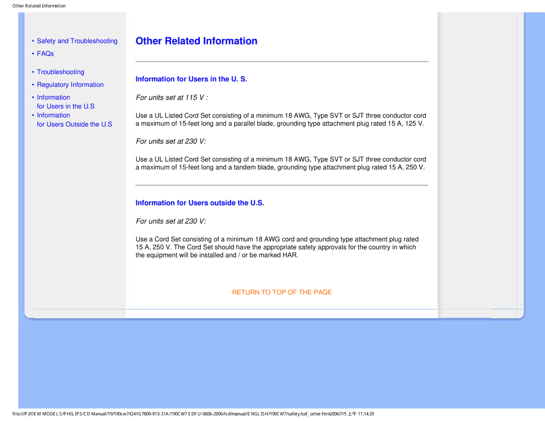 Philips 190CW7 Other Related Information, Information for Users in the U. S, Information for Users outside the U.S 