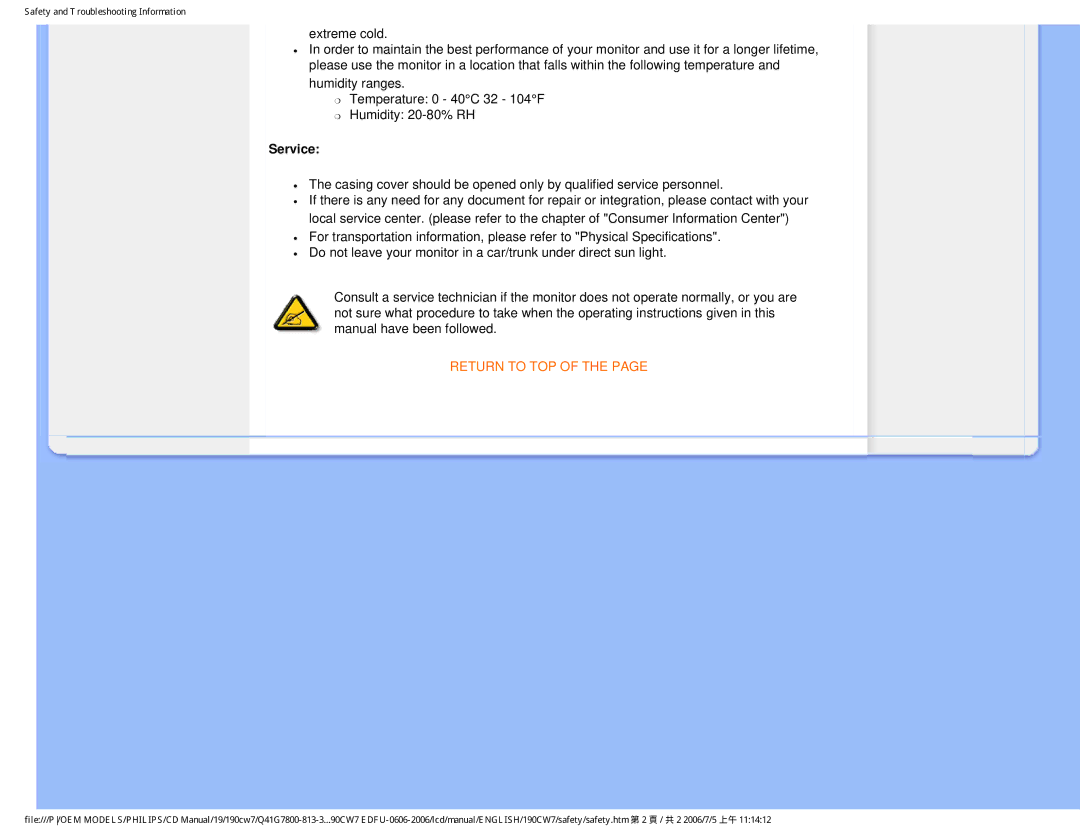 Philips 190CW7 user manual Service, Return to TOP 