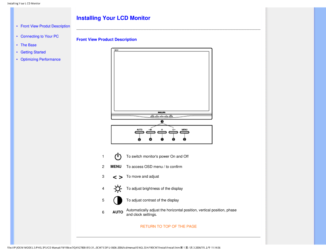 Philips 190CW7 user manual Installing Your LCD Monitor 