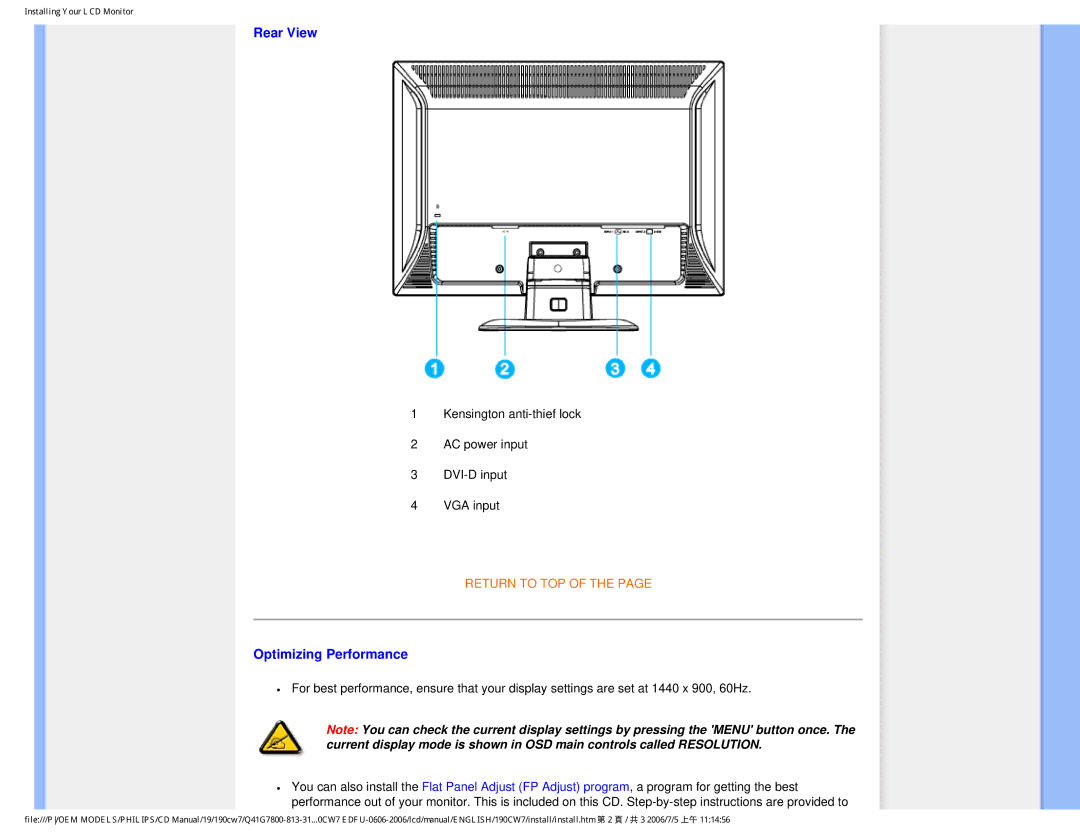 Philips 190CW7 user manual Rear View 