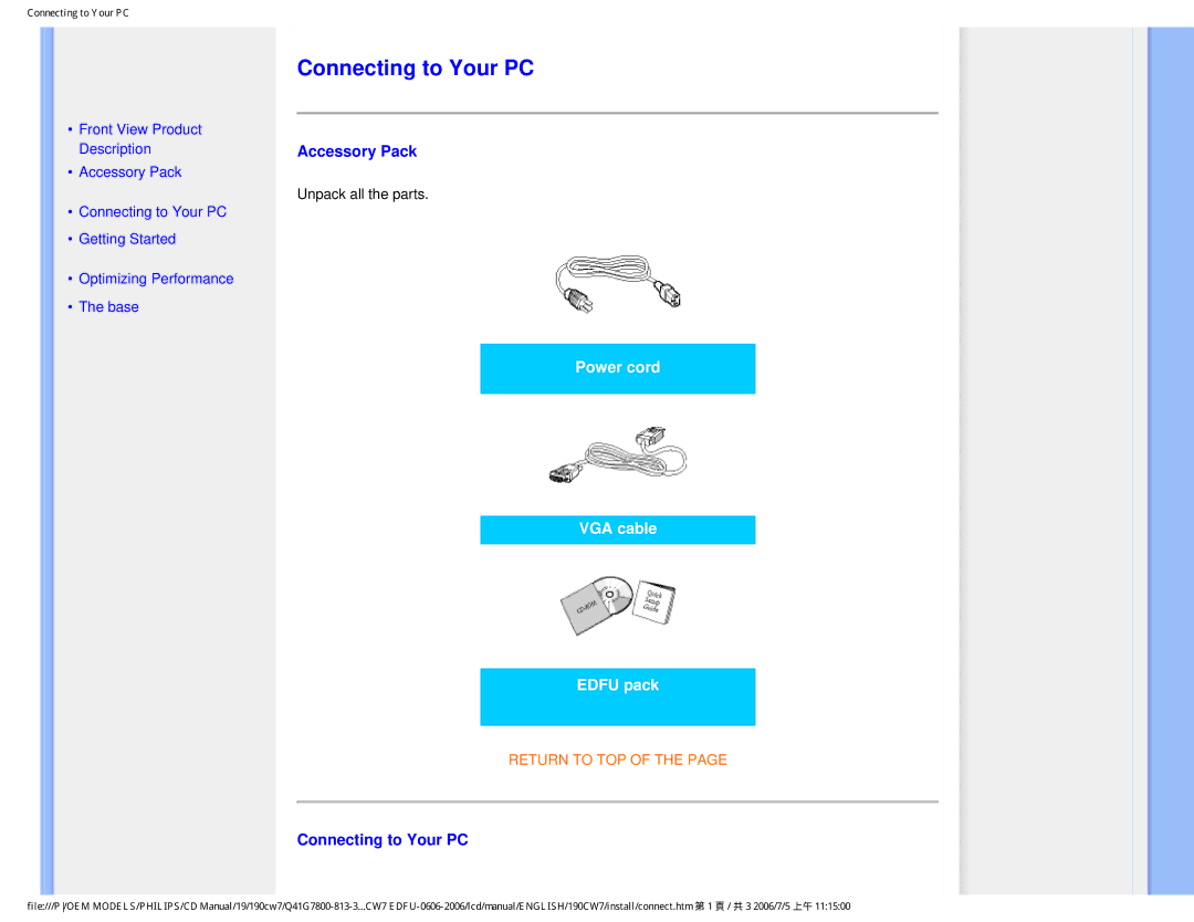 Philips 190CW7 user manual Connecting to Your PC, Accessory Pack 