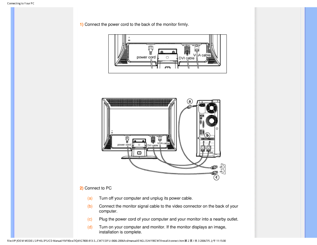 Philips 190CW7 user manual Connecting to Your PC 