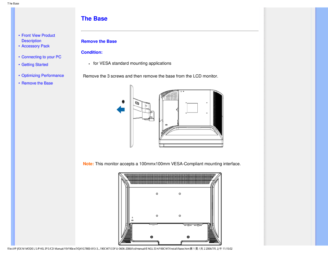 Philips 190CW7 user manual Remove the Base Condition 