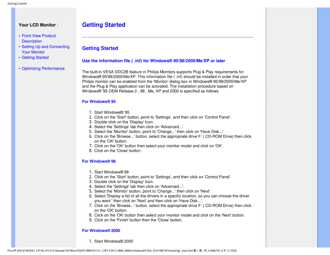 Philips 190CW7 user manual Getting Started, Your LCD Monitor 