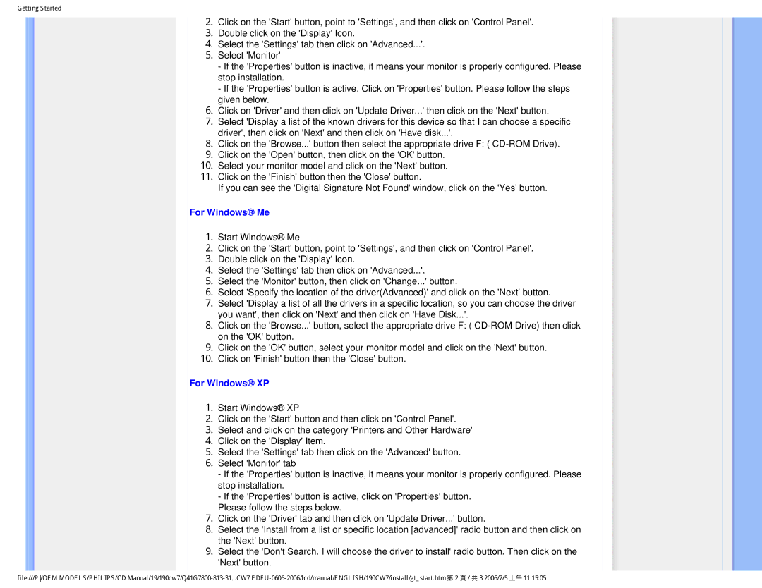 Philips 190CW7 user manual For Windows Me 