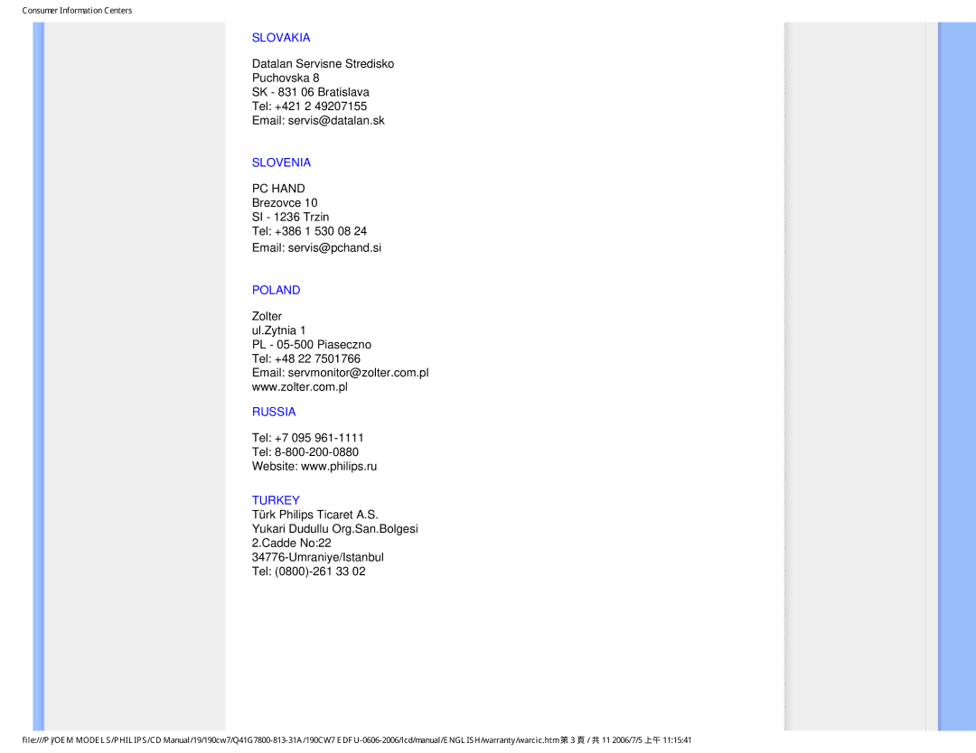 Philips 190CW7 user manual Slovakia, Slovenia, Poland, Russia, Turkey 