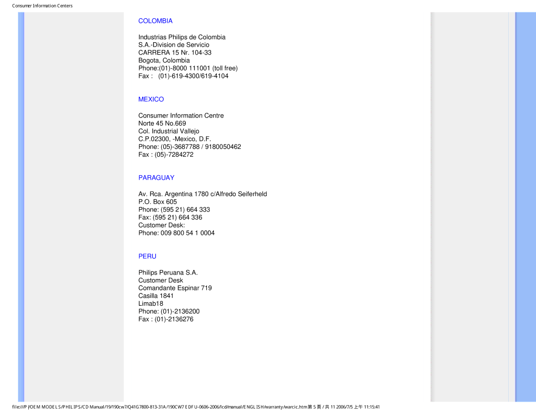 Philips 190CW7 user manual Colombia, Mexico, Paraguay, Peru 