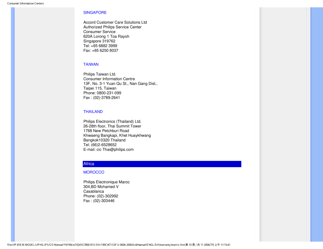 Philips 190CW7 user manual Singapore, Taiwan, Thailand, Morocco 
