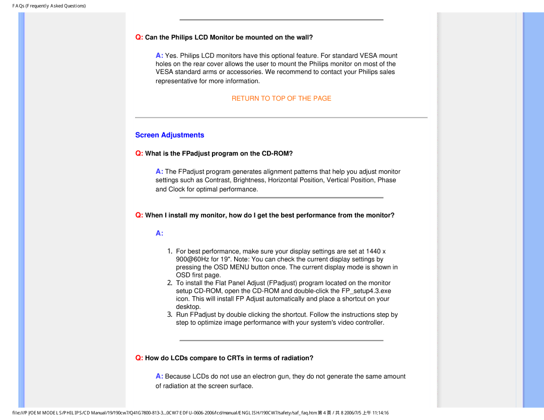 Philips 190CW7 user manual Screen Adjustments, Can the Philips LCD Monitor be mounted on the wall? 