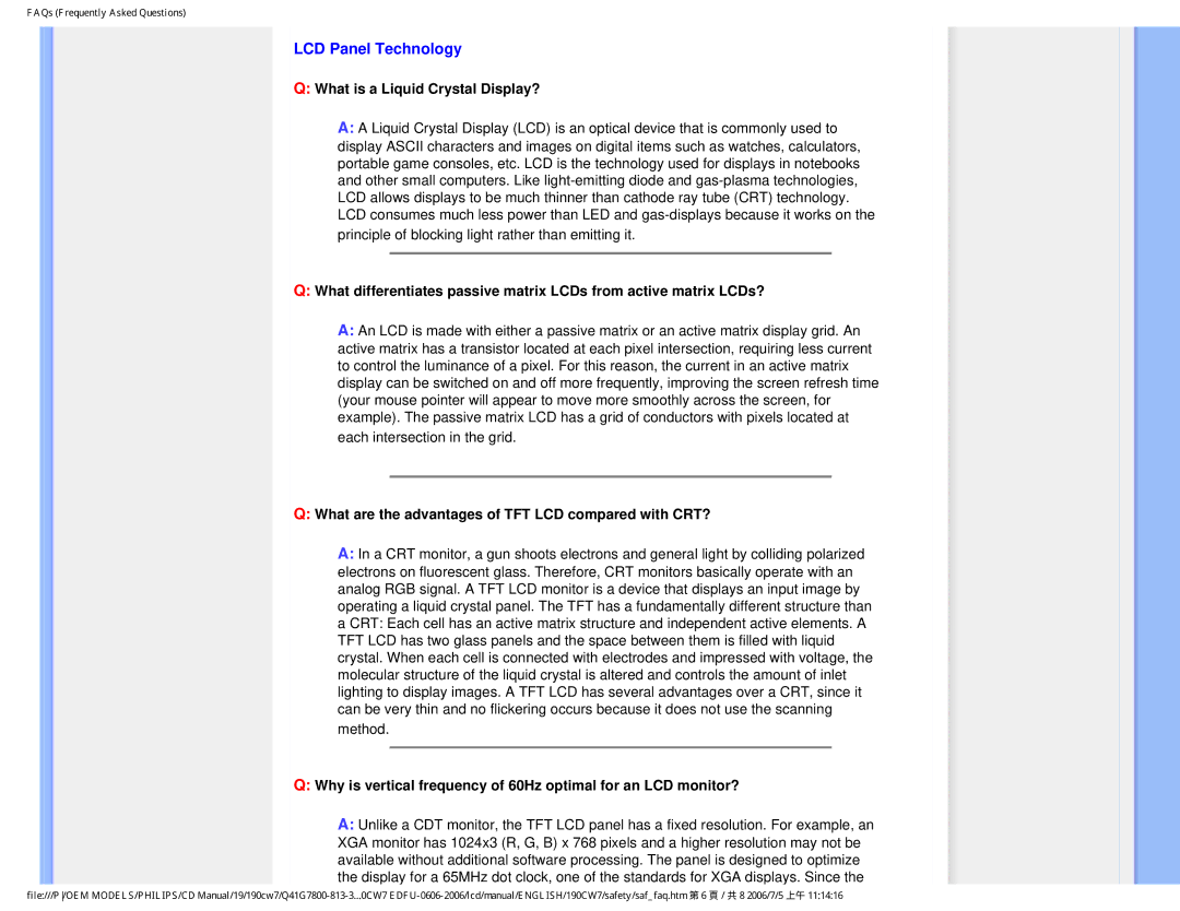 Philips 190CW7 user manual LCD Panel Technology, What is a Liquid Crystal Display? 