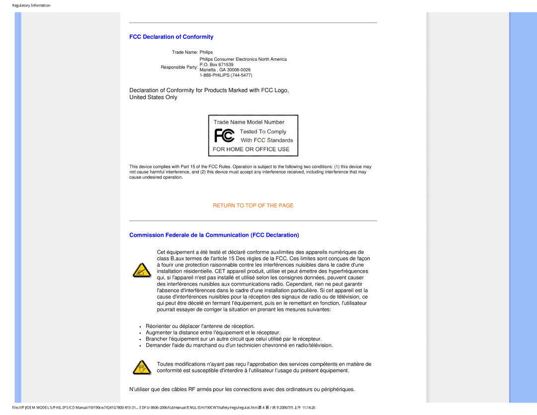 Philips 190CW7 user manual FCC Declaration of Conformity 