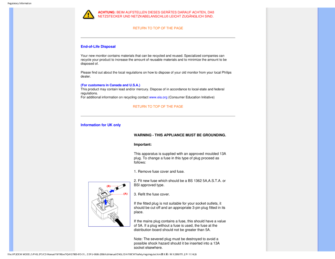 Philips 190CW7 user manual End-of-Life Disposal 