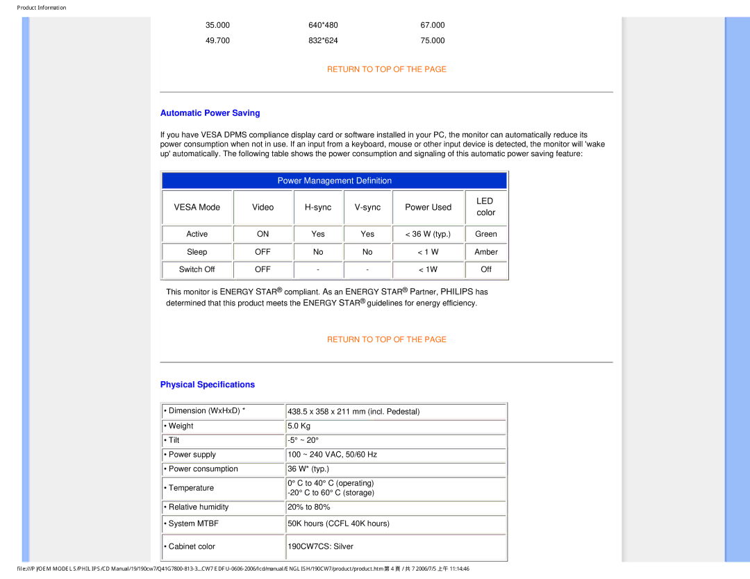 Philips 190CW7 user manual Automatic Power Saving 