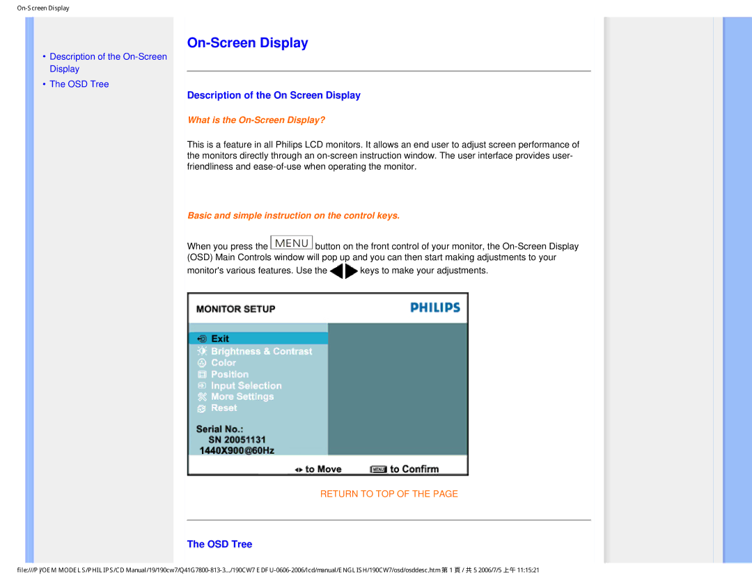 Philips 190CW7 user manual On-Screen Display, Description of the On Screen Display, OSD Tree 