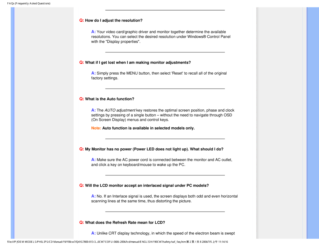 Philips 190CW7 user manual How do I adjust the resolution?, What if I get lost when I am making monitor adjustments? 