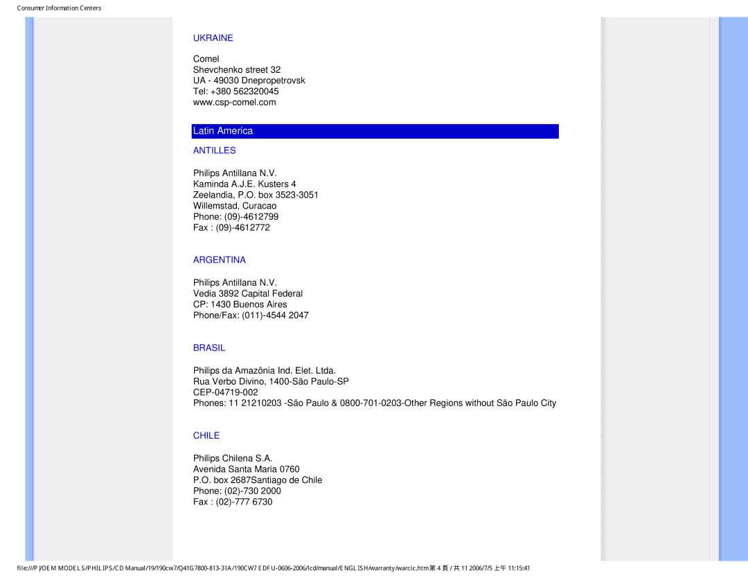 Philips 190CW7 user manual Ukraine, Antilles, Argentina, Brasil, Chile 
