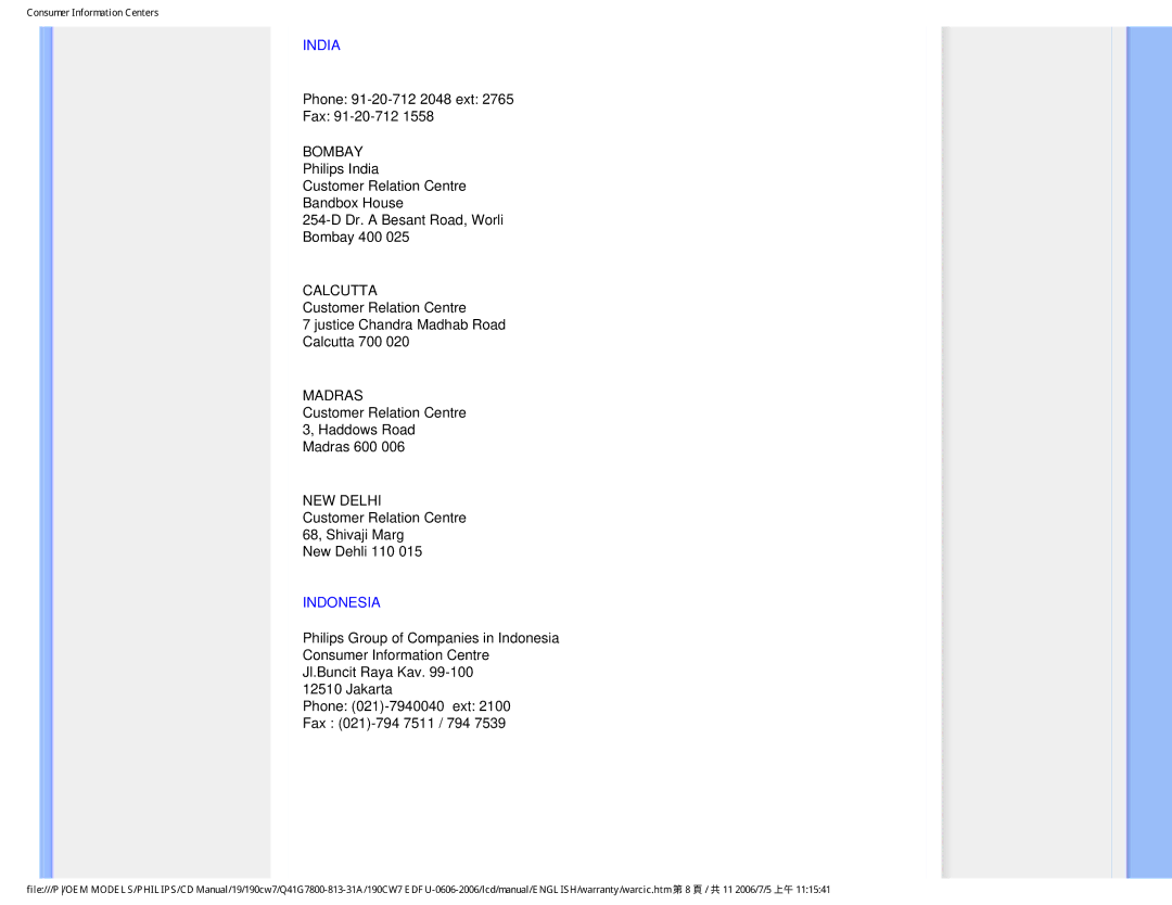 Philips 190CW7 user manual India, Indonesia 