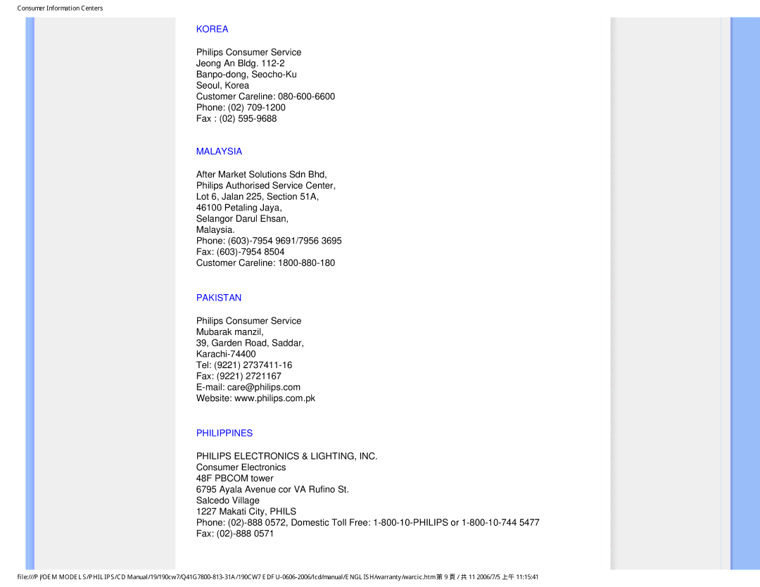 Philips 190CW7 user manual Korea, Malaysia, Pakistan, Philippines 