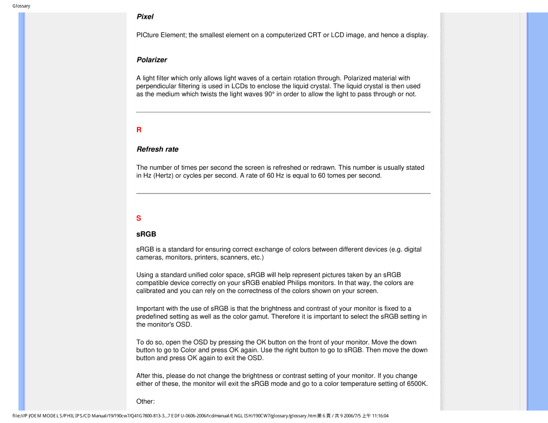 Philips 190CW7 user manual Pixel, Polarizer, Refresh rate 