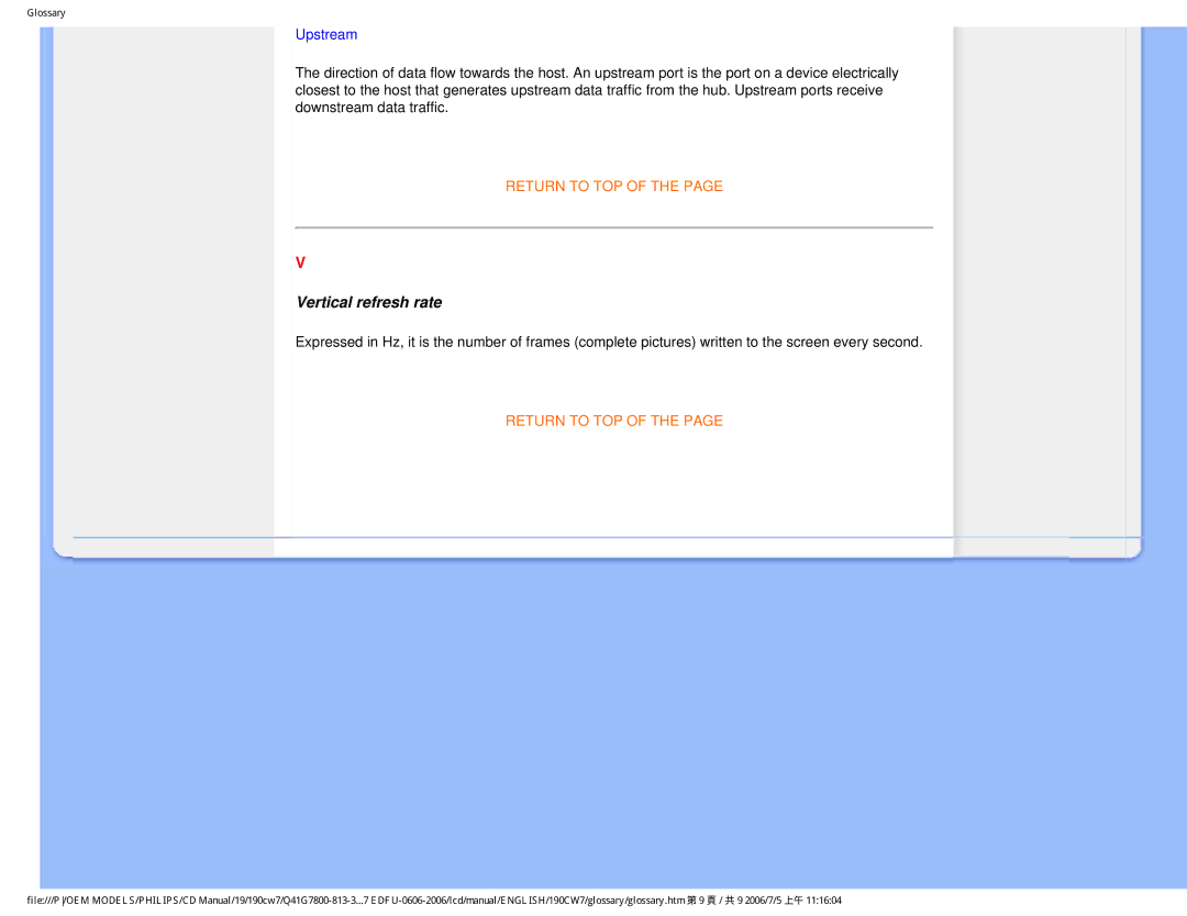 Philips 190CW7 user manual Vertical refresh rate, Upstream 