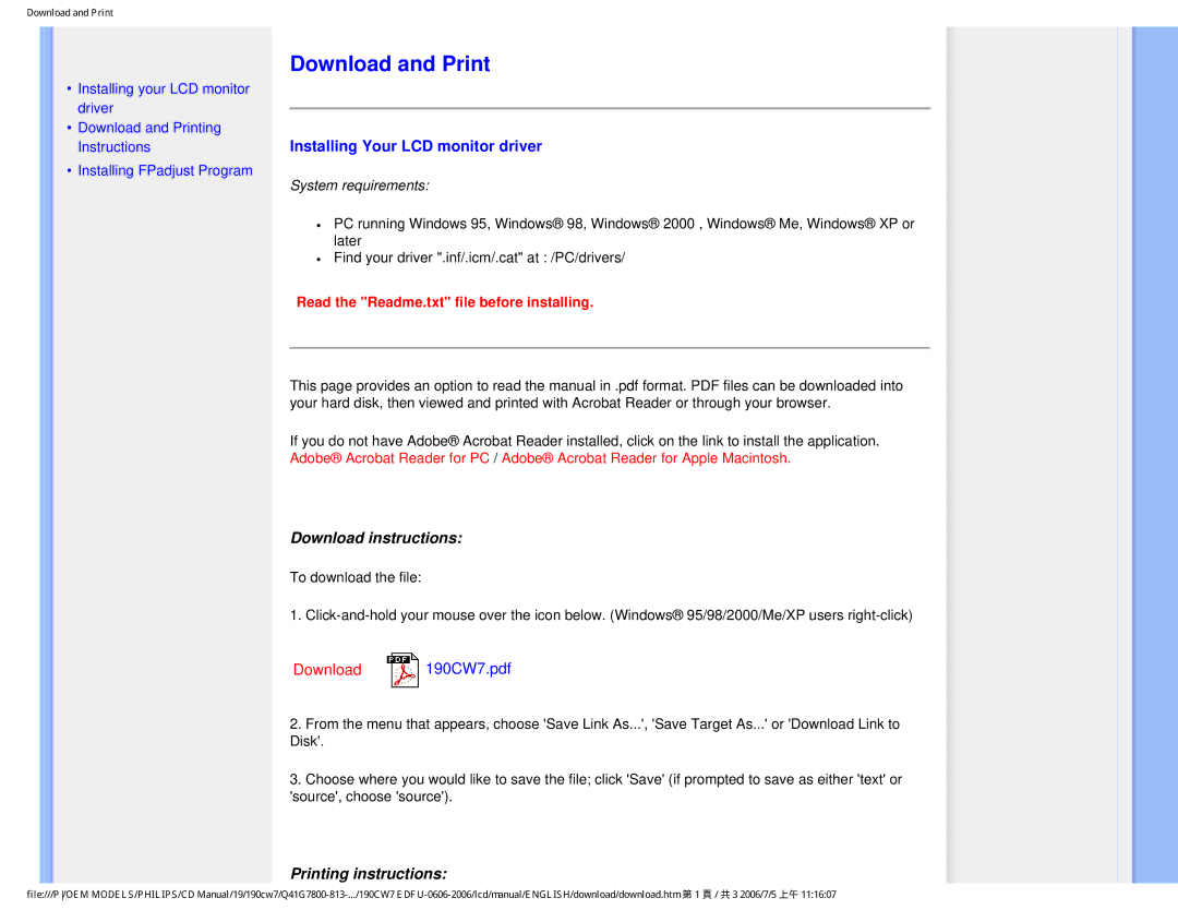 Philips 190CW7 Download and Print, Installing Your LCD monitor driver, Download instructions, Printing instructions 