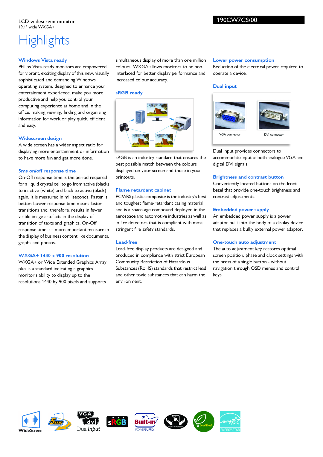 Philips manual Highlights, 190CW7CS/00, LCD widescreen monitor 