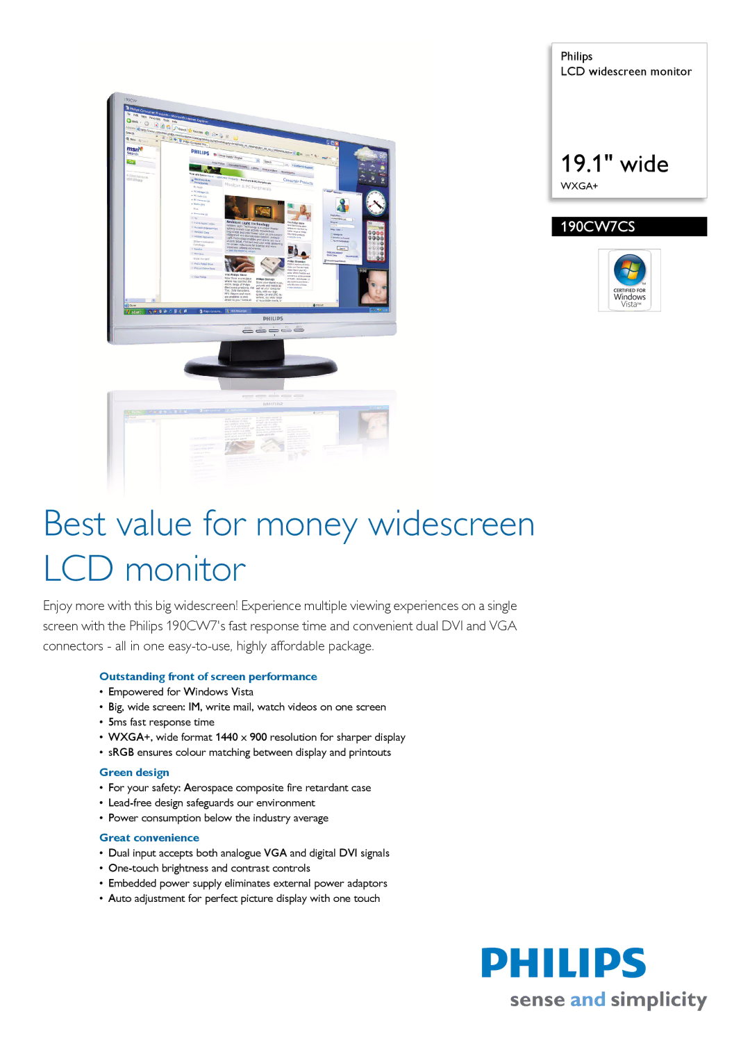 Philips 190CW7CS manual Outstanding front of screen performance, Green design, Great convenience 