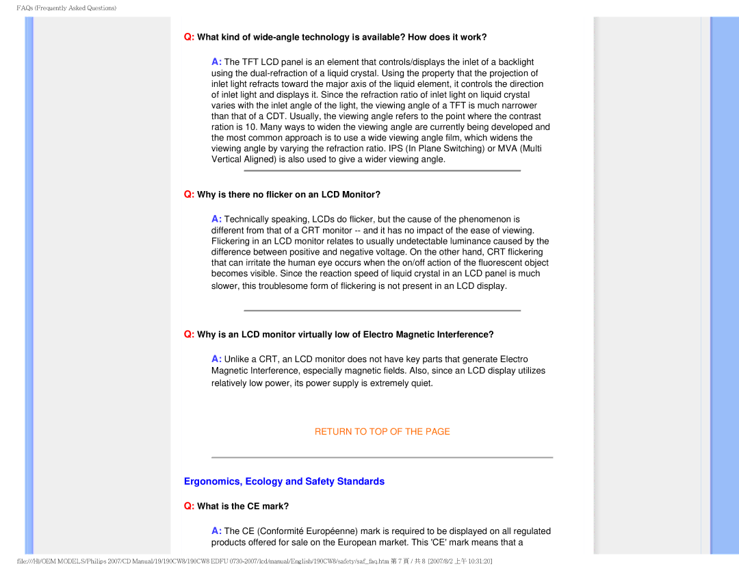 Philips 190CW8 Ergonomics, Ecology and Safety Standards, Why is there no flicker on an LCD Monitor?, What is the CE mark? 