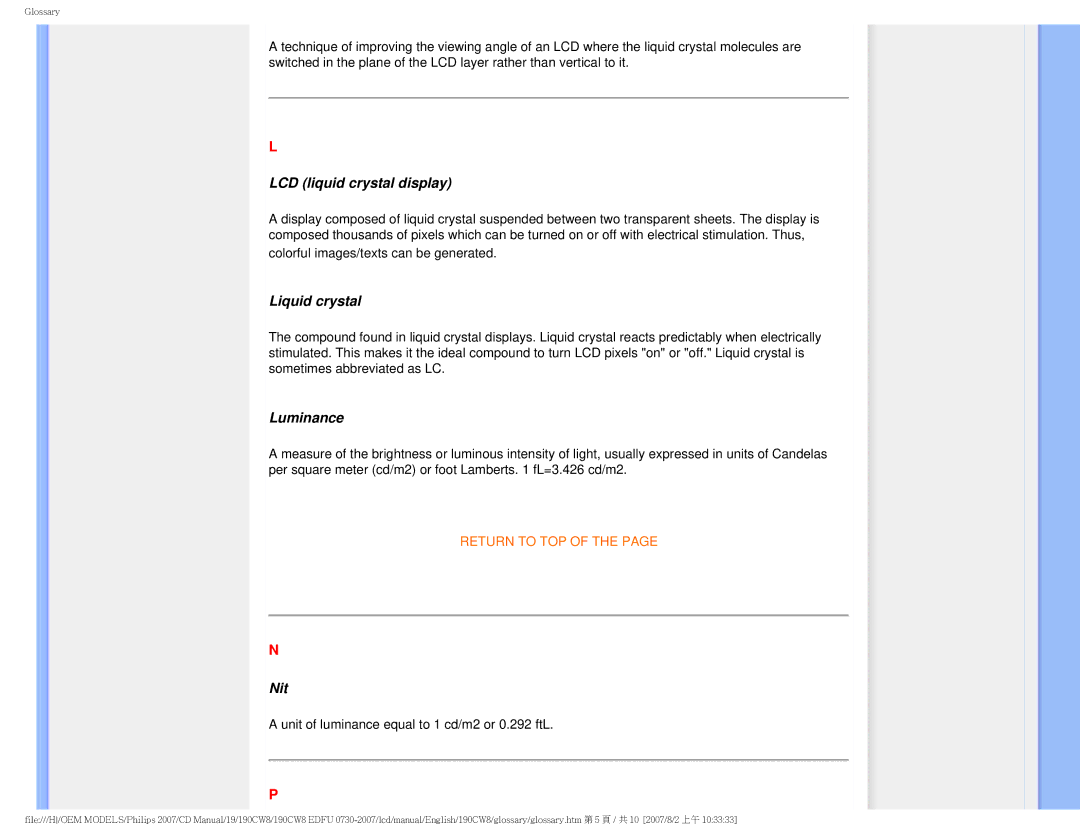 Philips 190CW8 user manual LCD liquid crystal display, Liquid crystal, Luminance, Nit 