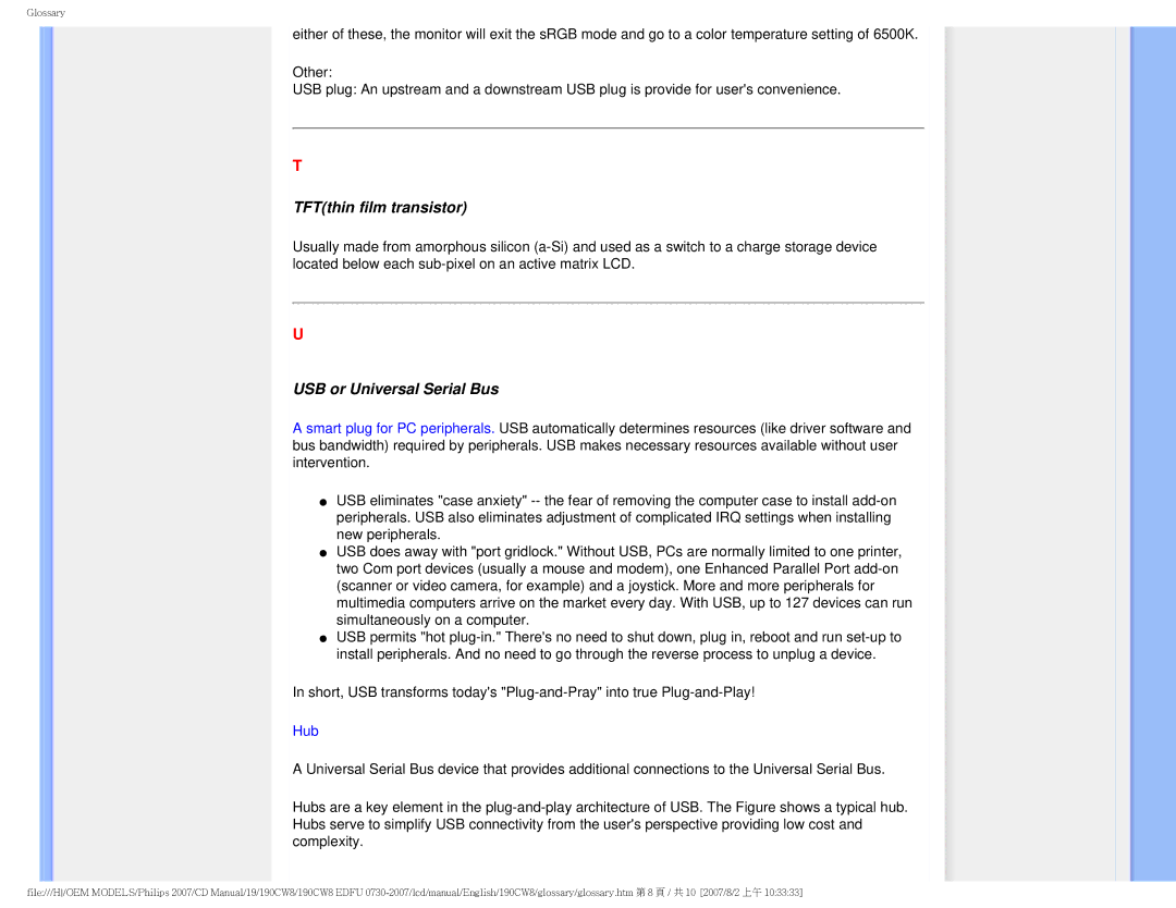 Philips 190CW8 user manual TFTthin film transistor, USB or Universal Serial Bus 