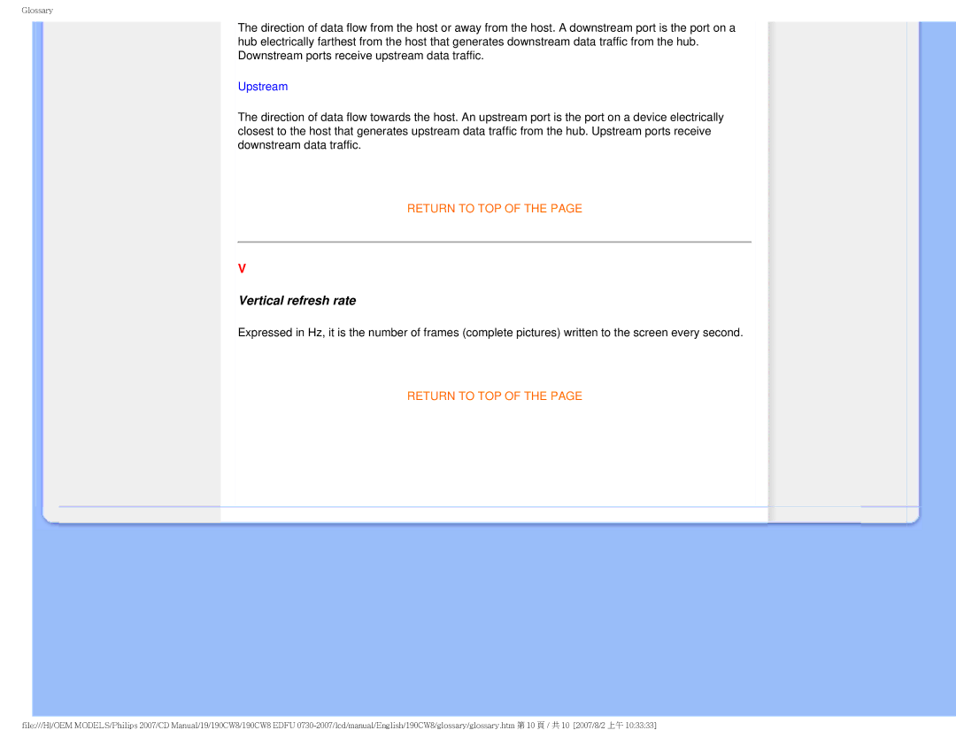 Philips 190CW8 user manual Vertical refresh rate, Upstream 