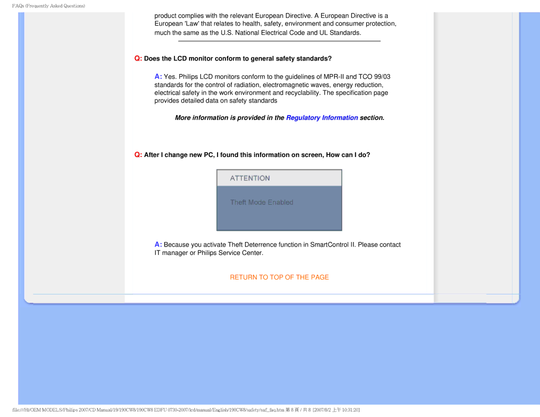 Philips 190CW8 user manual Does the LCD monitor conform to general safety standards? 