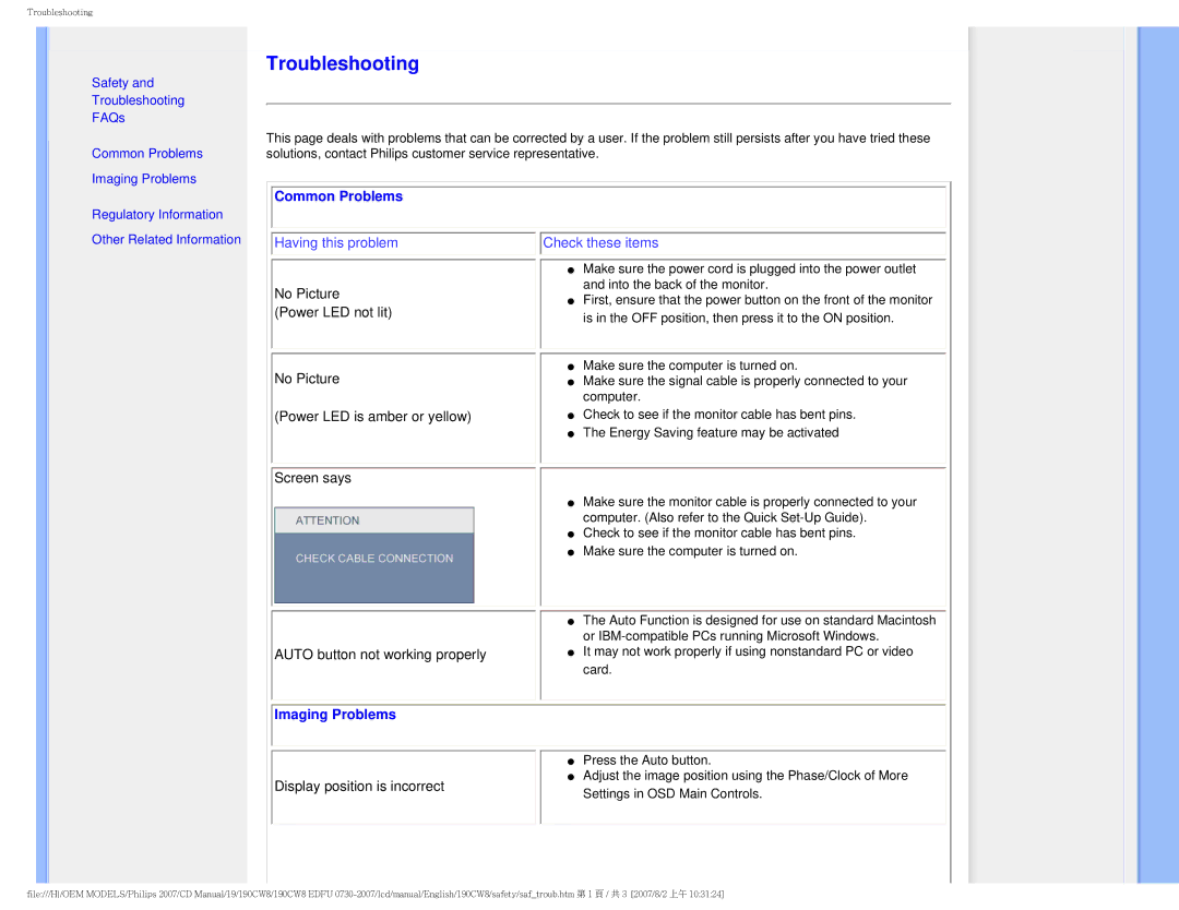 Philips 190CW8 user manual Troubleshooting 