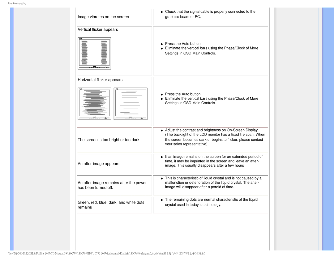 Philips 190CW8 user manual Image vibrates on the screen 