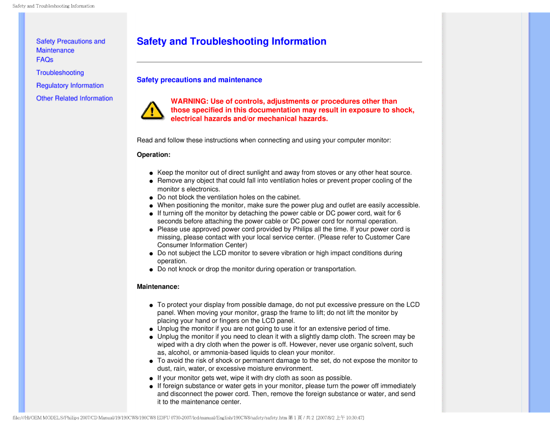 Philips 190CW8 Safety and Troubleshooting Information, Safety precautions and maintenance, Operation, Maintenance 