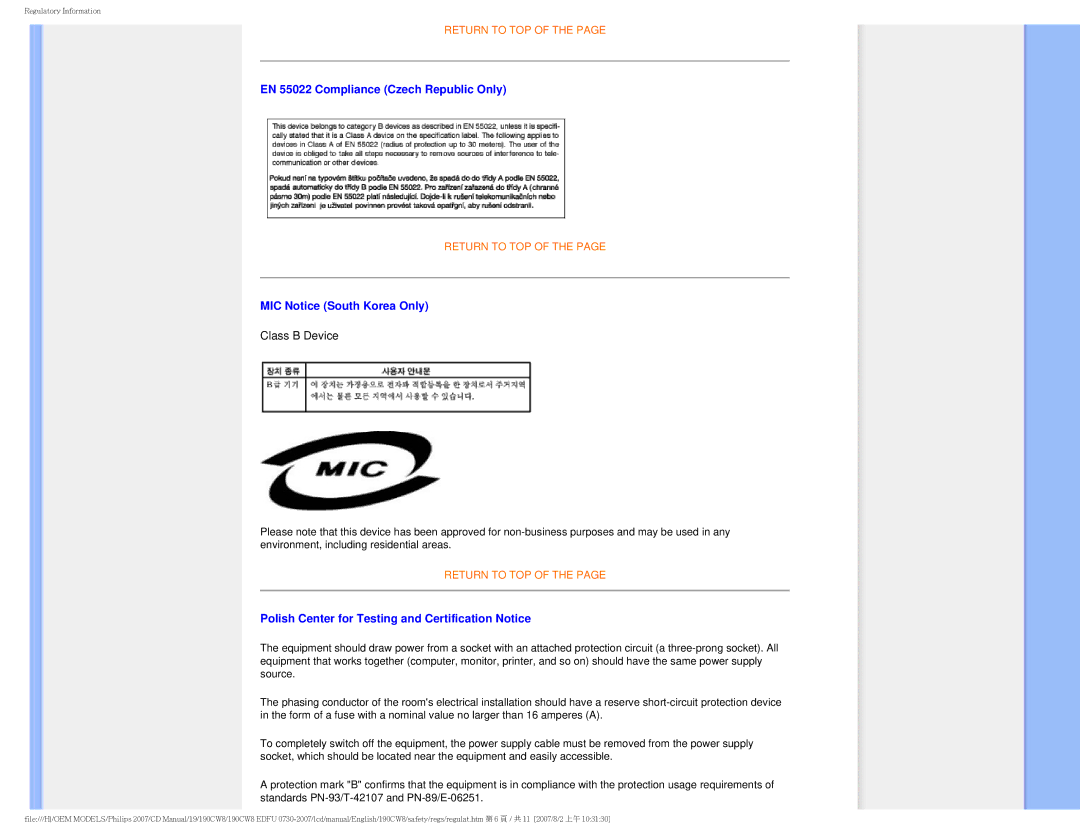 Philips 190CW8 user manual EN 55022 Compliance Czech Republic Only, MIC Notice South Korea Only 