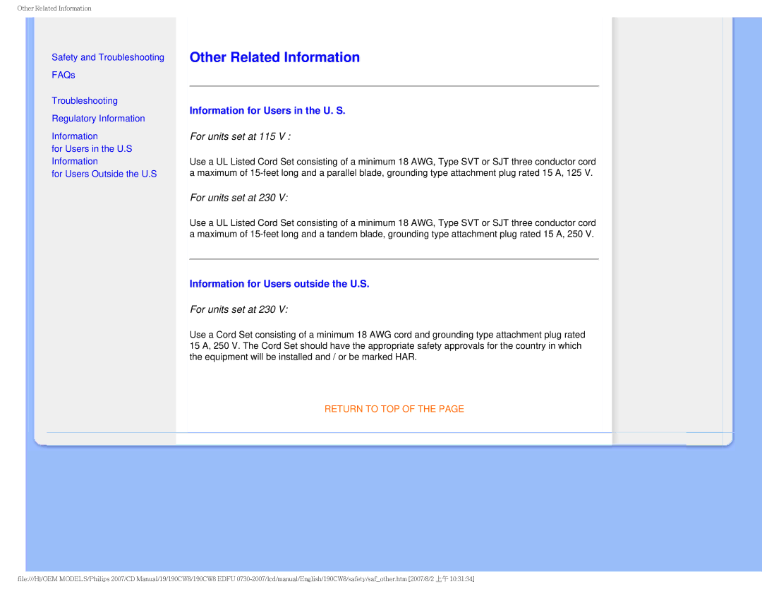 Philips 190CW8 Other Related Information, Information for Users in the U. S, Information for Users outside the U.S 