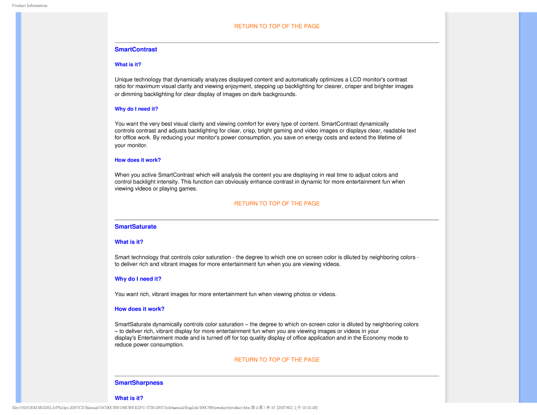 Philips 190CW8 user manual SmartContrast 