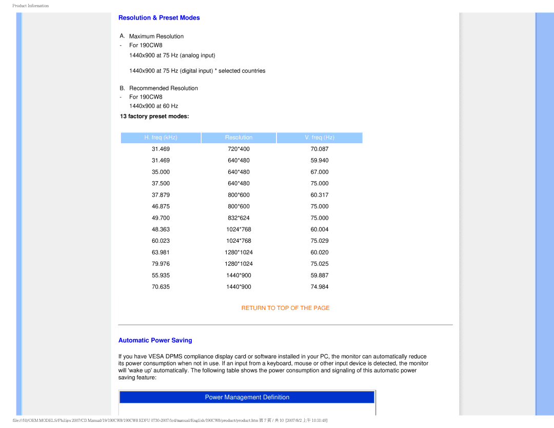 Philips 190CW8 user manual Resolution & Preset Modes 