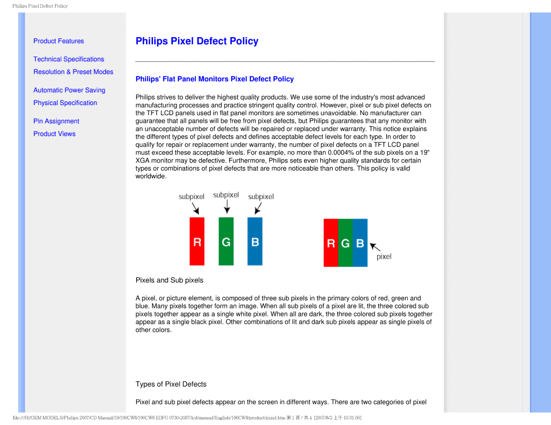 Philips 190CW8 user manual Philips Pixel Defect Policy, Philips Flat Panel Monitors Pixel Defect Policy 