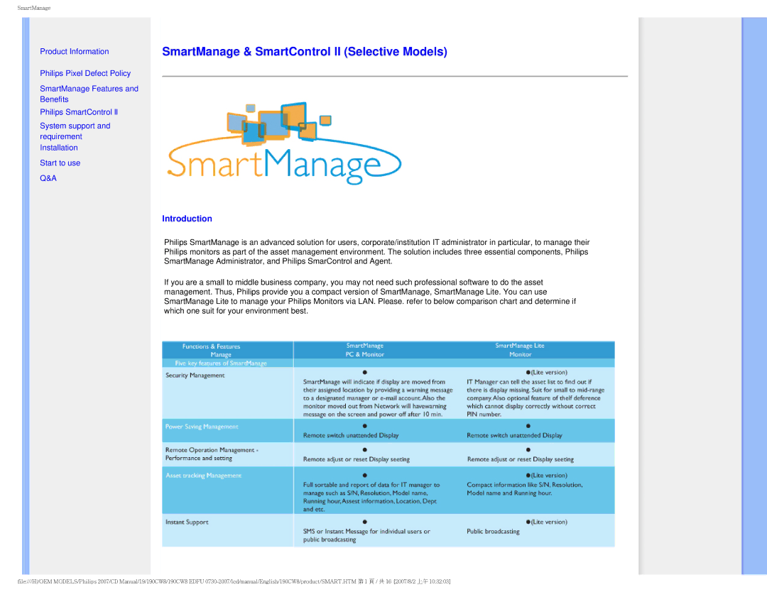 Philips 190CW8 user manual SmartManage & SmartControl II Selective Models 