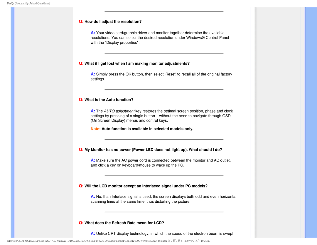 Philips 190CW8 user manual How do I adjust the resolution?, What if I get lost when I am making monitor adjustments? 