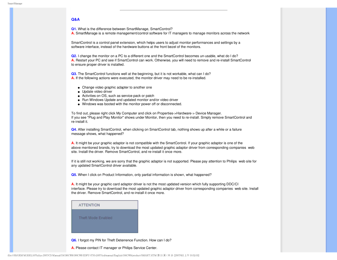 Philips 190CW8 user manual SmartManage 