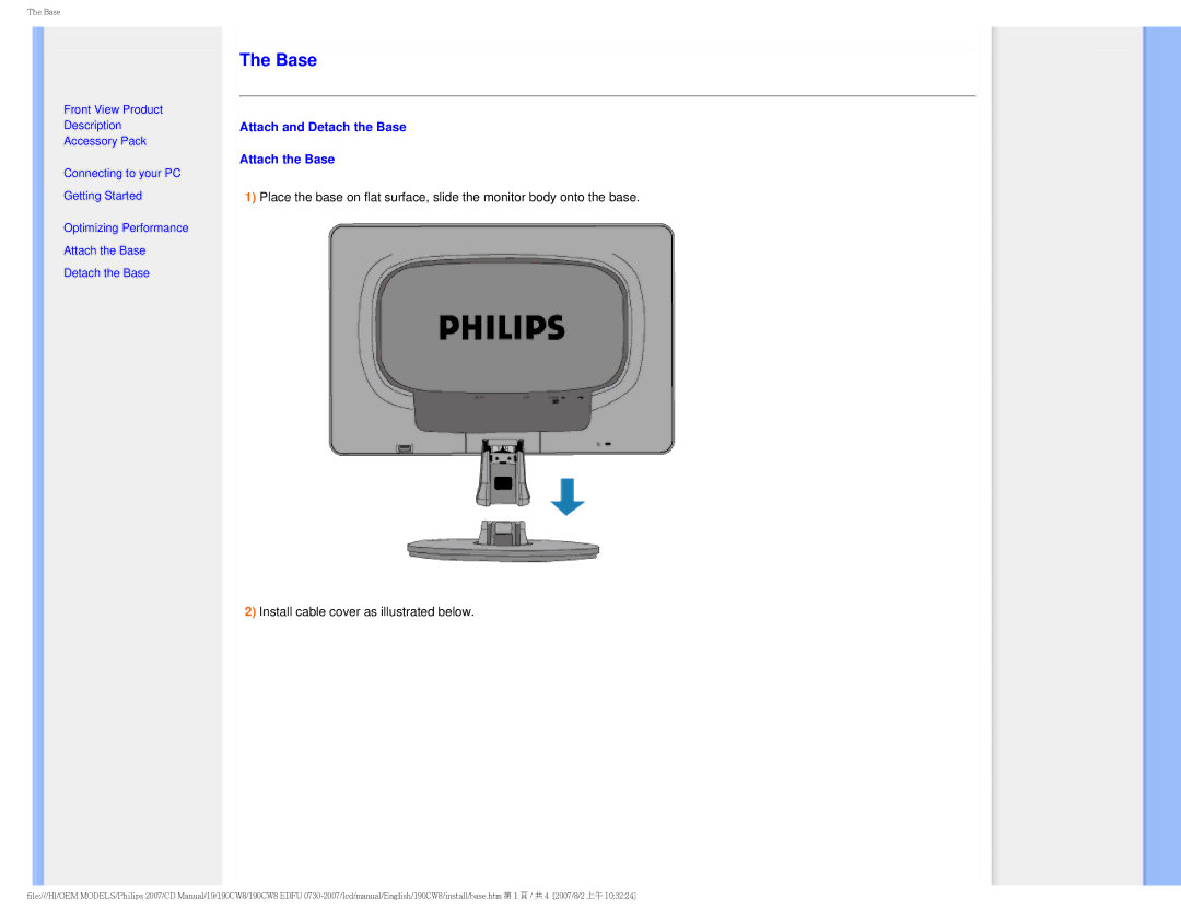 Philips 190CW8 user manual Attach and Detach the Base Attach the Base 