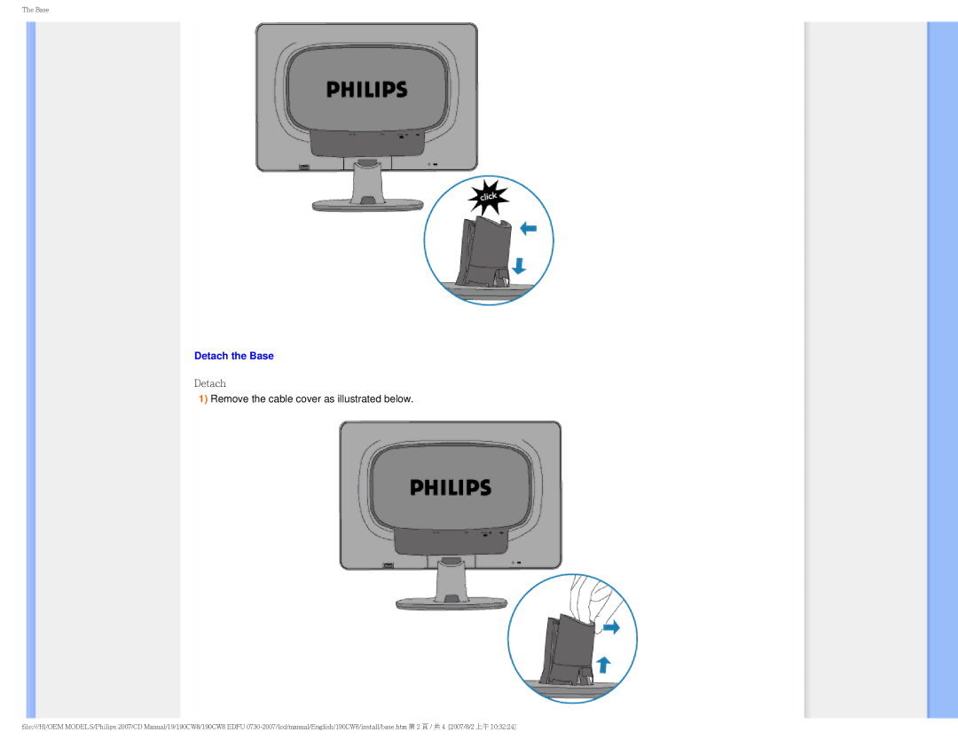 Philips 190CW8 user manual Detach the Base, Detach Remove the cable cover as illustrated below 