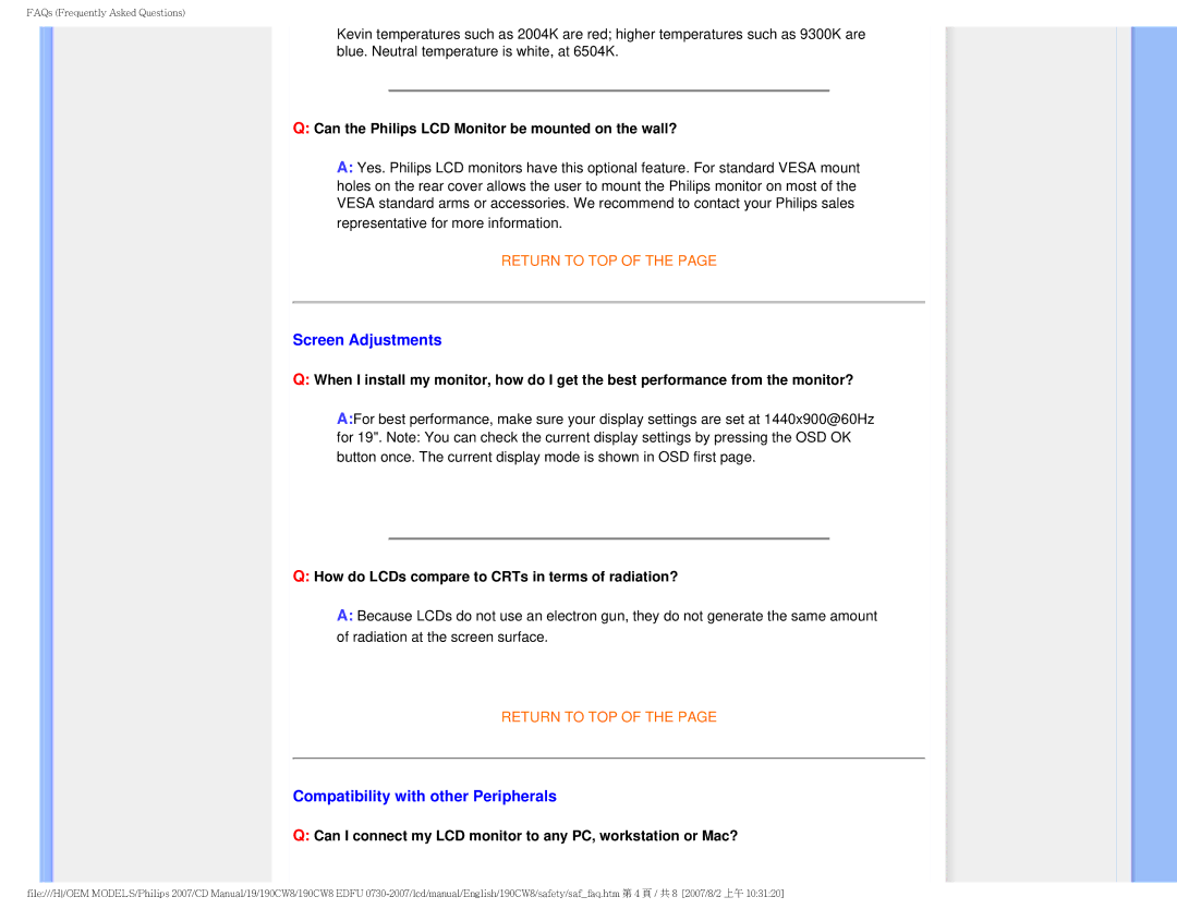 Philips 190CW8 user manual Screen Adjustments, Compatibility with other Peripherals 