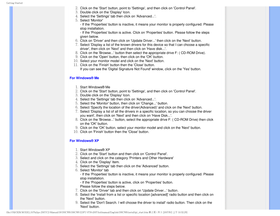 Philips 190CW8 user manual For Windows Me 