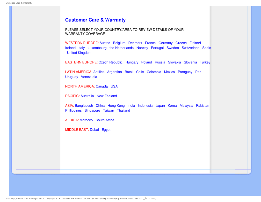 Philips 190CW8 user manual Customer Care & Warranty, North America Canada USA 