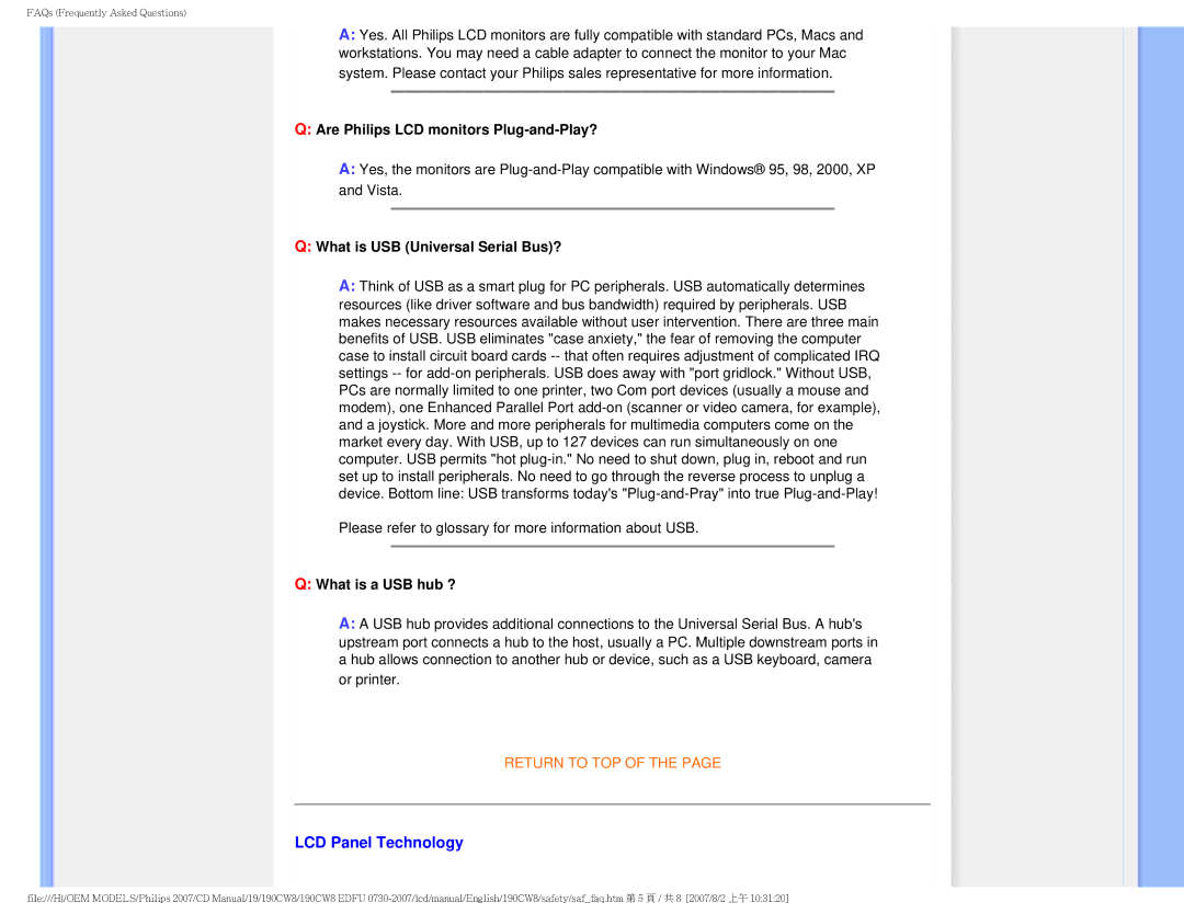 Philips 190CW8 user manual LCD Panel Technology, Are Philips LCD monitors Plug-and-Play?, What is USB Universal Serial Bus? 